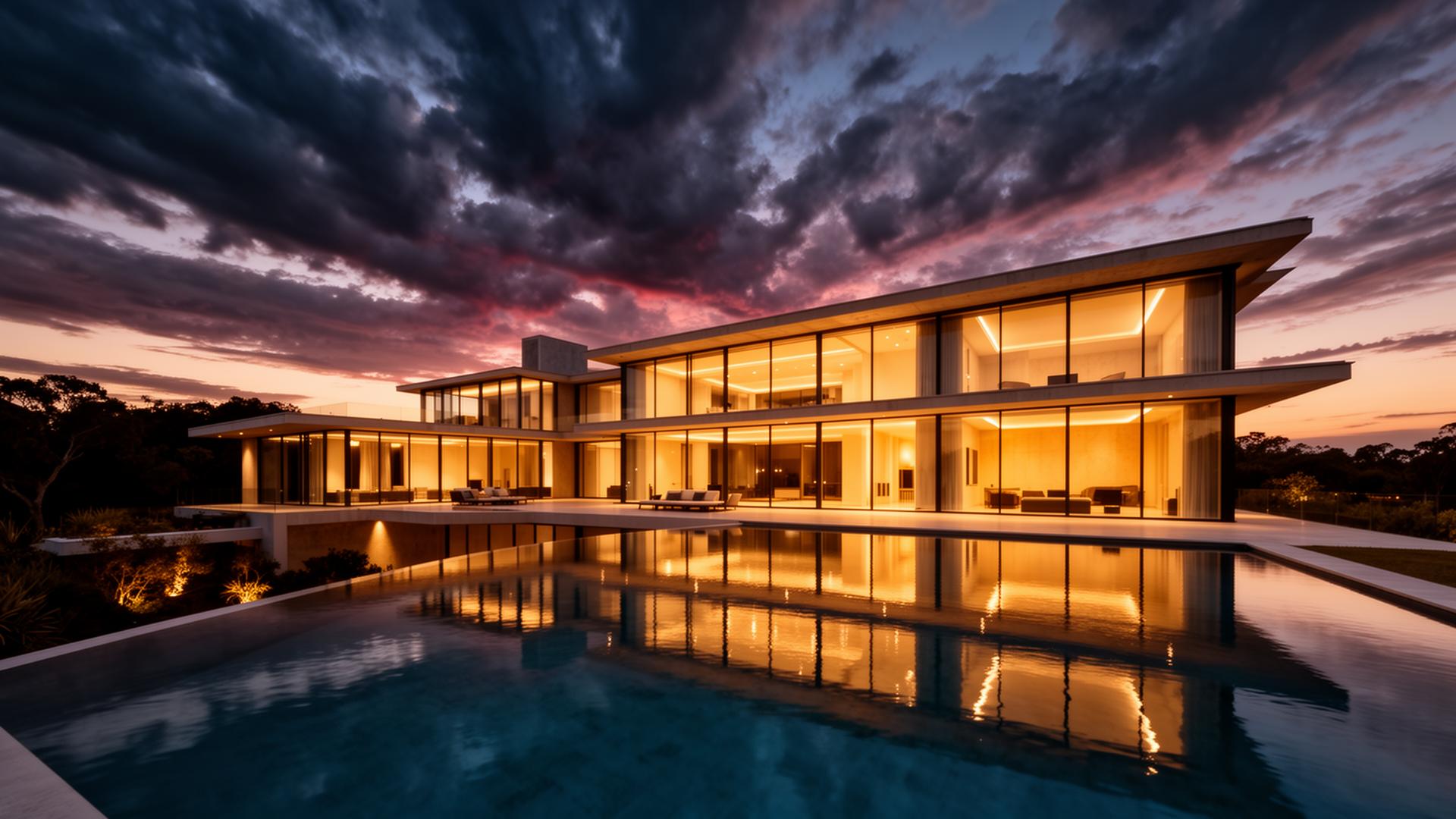 Luxury modern mansion at twilight